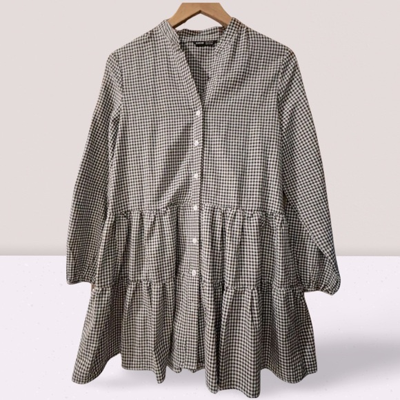 Black & White Gingham Pattern Button-up Tiered Mini Dress - Picture 6 of 7